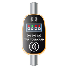 Bank card, phone near the terminal. Wireless, contactless or cashless payments, RFID NFC. Ticket validator for airport, metro or bus and metro.