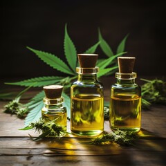 Obraz na płótnie Canvas Bottle with marijuana or cannabis extracts with marijuana plants, very holistic