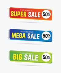 Super, Mega, Big sale, special offer label red and black sale tag. Advertising discount symbol retail sticker modern vector illustration.
