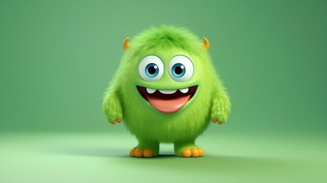 Adorable furry green monster on a green background