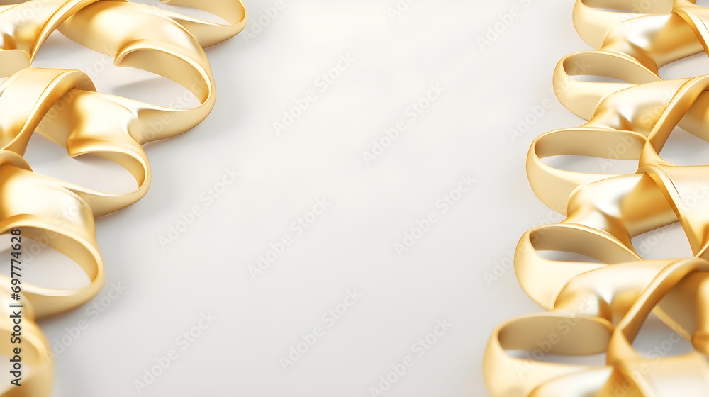 Poster multiple shiny, gold ribbons arranged in loops and curves on a white background, creating a sense of
