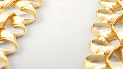 multiple shiny, gold ribbons arranged in loops and curves on a white background, creating a sense...