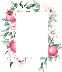 Watercolor Frame with Pomegranate, Roses and Elegant Branch