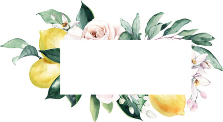 Watercolor Frame with Roses, Lemons and White Flowers - obrazy, fototapety, plakaty