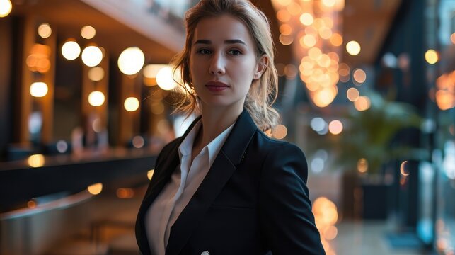 Elegant shot of a young woman in classic business attire, looking at camera in an event. 