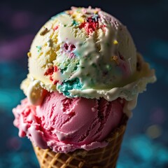 Colorful scoops of ice cream on a waffle cone