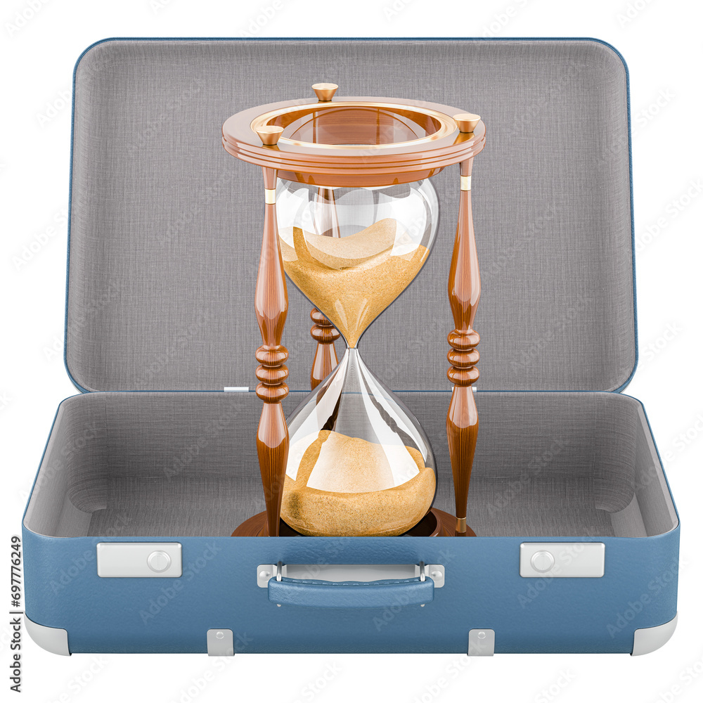 Aufkleber suitcase with hourglass inside, 3d rendering isolated on transparent background