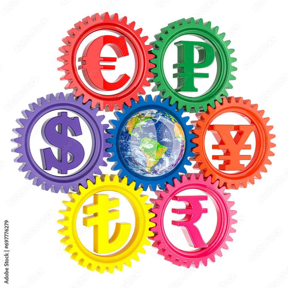 Poster global currency gears, conversion and exchange of currencies, concept. 3d rendering isolated on tran