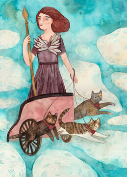 Fototapeta Freya's chariot and three cats