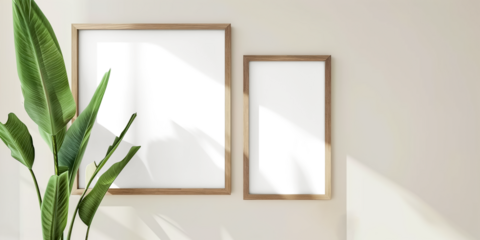 Simple minimalist frame mockup poster hanging on the white wall with plant decoration. wall background with window light and shadow. Empty frame with reflection, transparency isolated. 