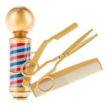 Golden barber pole, hair comb, straight razor and scissor. Barber Shop, Hair Salon, concept. 3D rendering isolated on transparent background