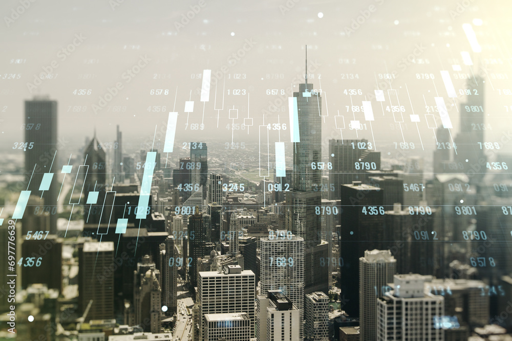 Poster multi exposure of abstract virtual graphic data spreadsheet sketch on chicago cityscape background, 