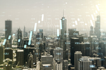 Multi exposure of abstract virtual graphic data spreadsheet sketch on Chicago cityscape background, analytics and analysis concept
