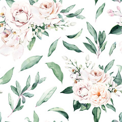 Watercolor Seamless Pattern Background with Elegant Lemon Flowers and Roses
