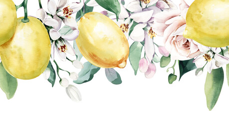 Watercolor Seamless Border with Lemon, White Flowers and Roses - obrazy, fototapety, plakaty
