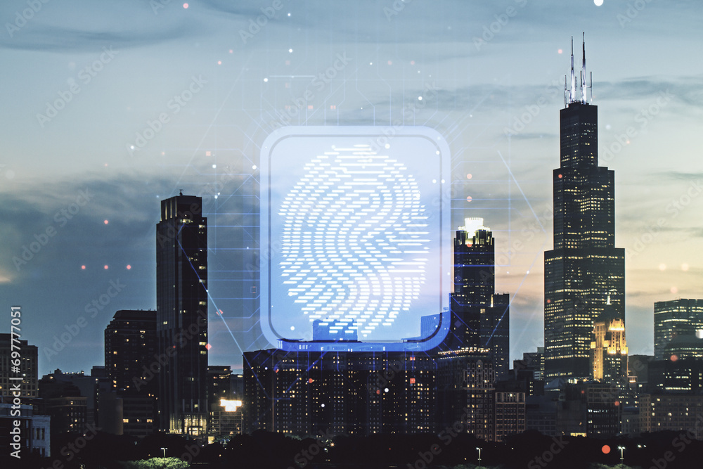 Poster Multi exposure of virtual graphic fingerprint sketch on Chicago cityscape background fingerprint scan data concept