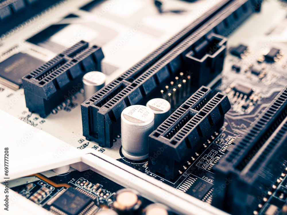 Aufkleber psi express port connector on the motherboard, high-speed data bus in a computer, close