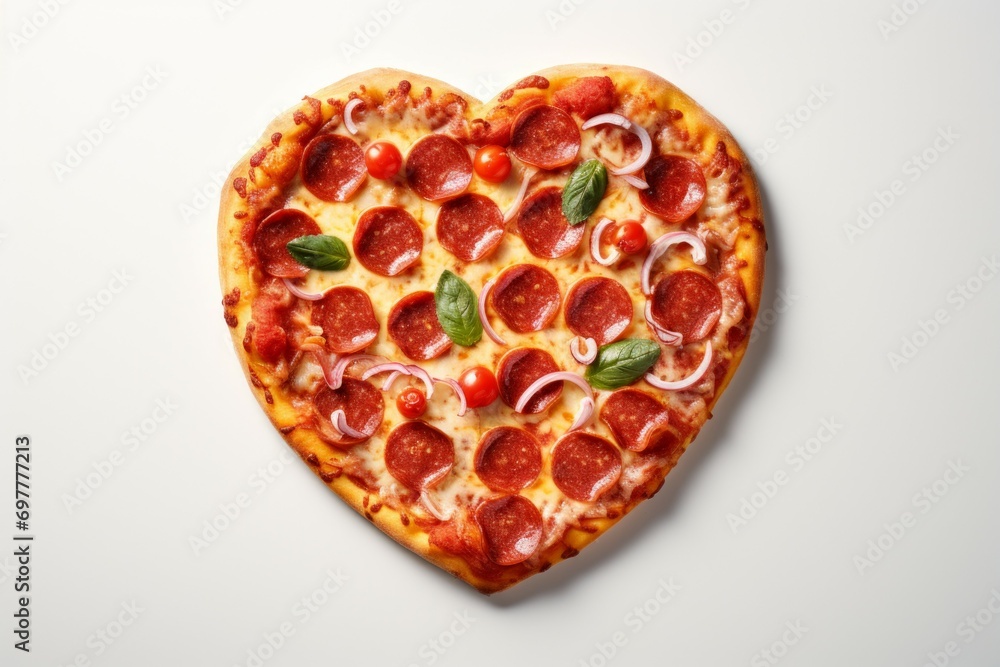Poster pizza in the shape of a heart. background with selective focus and copy space