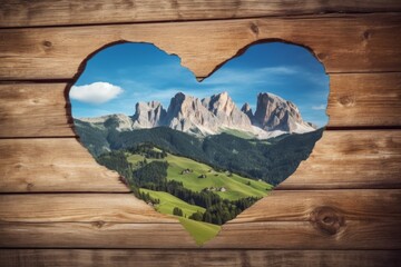 Hole in a wooden fence in the shape of a heart with a view of the mountains, framing. Background with selective focus