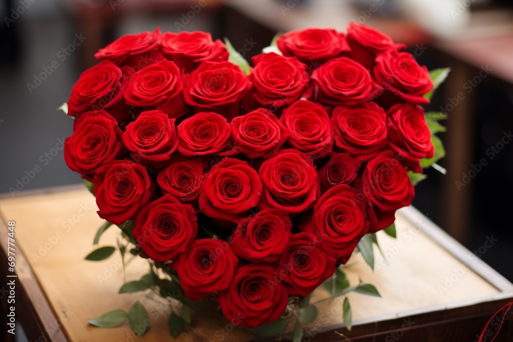 Poster bouquet of roses in the shape of a heart. background with selective focus and copy space