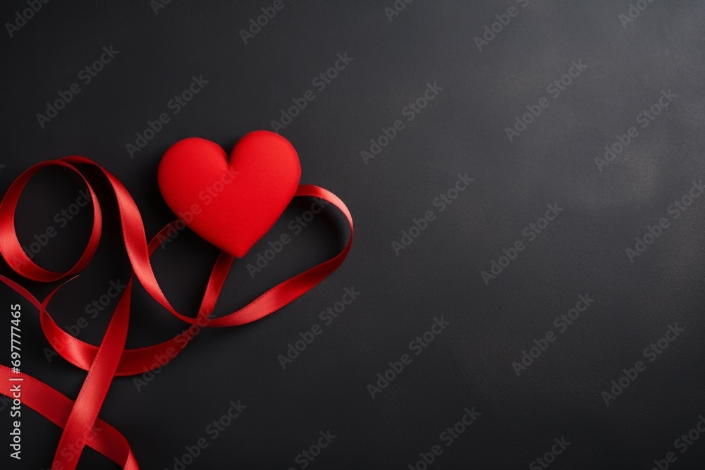Poster decorative heart with red ribbon. background with selective focus and copy space