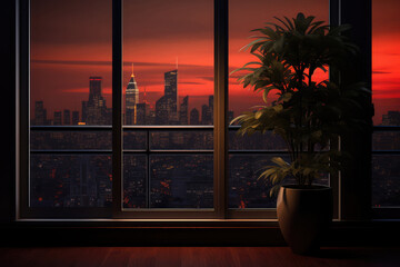 A view of a big evening city from a large window with houseplants on window sill