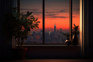 A view of a big evening city from a large window with houseplants on a window sill