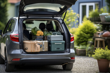 Open trunk of a car with suitcases and belongings, moving to another accommodation, moving out of a student's home or traveling concept - obrazy, fototapety, plakaty