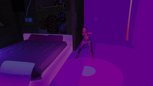 3D render girl in shorts dancing in room purple lofi 3D animation - Seamless loop animation
