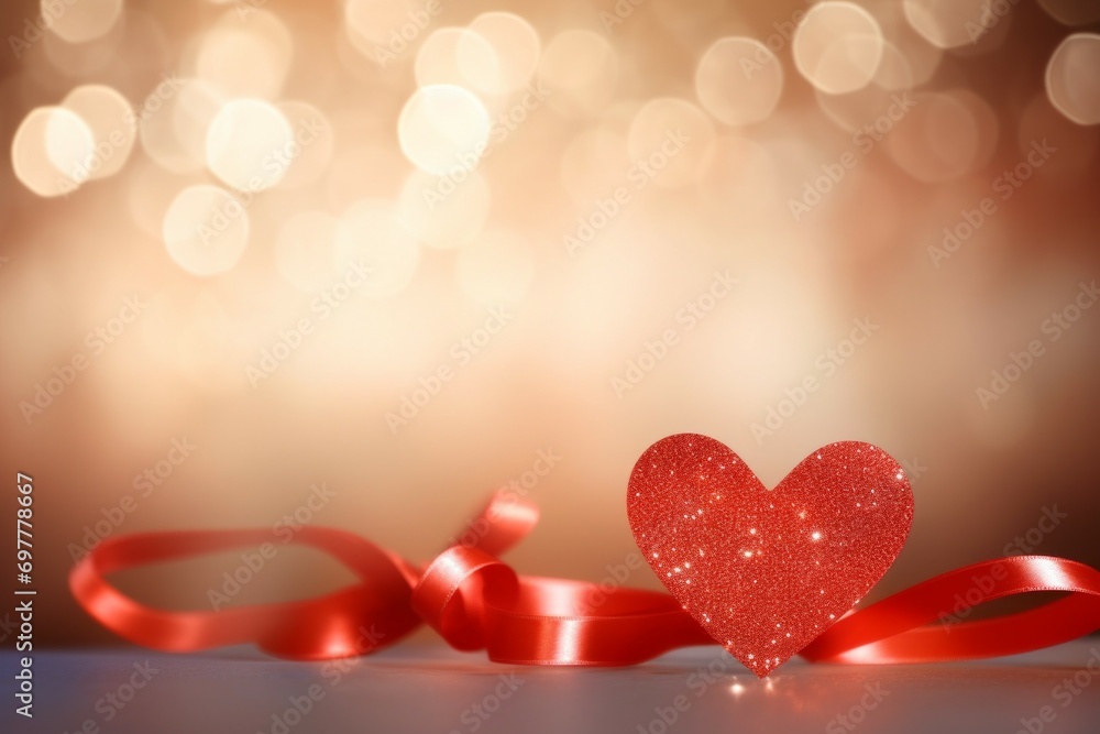 Aufkleber heart with sparkles and red ribbon. backdrop with selective focus and copy space