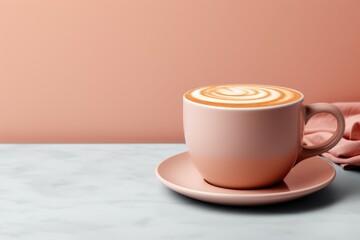 Coffee mug mockup in trendy color. Backdrop with selective focus and copy space