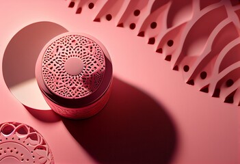 Pink background with pattern and mesorollers casting hard shadows. Concept of skincare. Generative AI