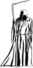 Cartoon Black and White Isolated Illustration Vector Of The Death Grim Reader Hooded Holding a Scythe 