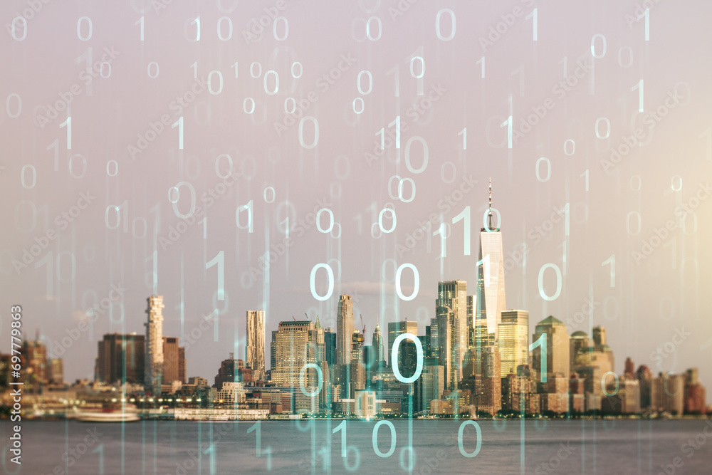 Aufkleber Abstract virtual binary code hologram on New York cityscape background, AI and machine learning concept. Multiexposure