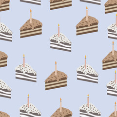 Seamless pattern with birthday cake and candles. Vector illustration.