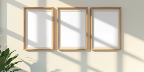 Simple minimalist frame mockup poster hanging on the white wall with plant decoration. wall background with window light and shadow. Empty frame with reflection, transparency isolated. 