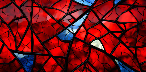 stained glass effect with red and blue colors, creating a complex pattern of angular, translucent...