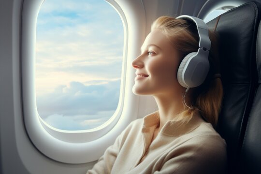 Happy and cheerful young woman with headphones using a portable tablet and looking the view outside of the plane window. Female passenger image