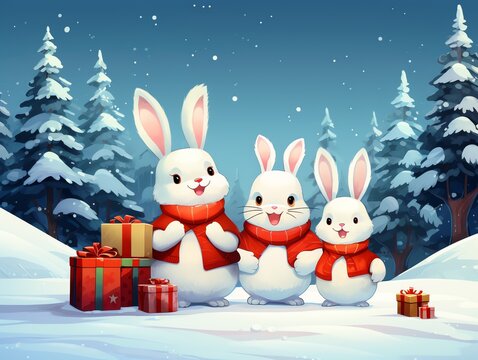 a group of rabbits in a snowy forest