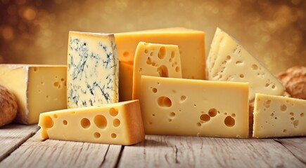 delicious cheese on background, yellow cheese on the table, cuted cheese on cool background, sliced cheese on table - obrazy, fototapety, plakaty