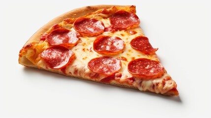 A pepperoni pizza slice with a glossy, moist appearance, the cheese reflecting light perfectly against a white background
