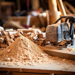 a machine on a table with wood chips - obrazy, fototapety, plakaty