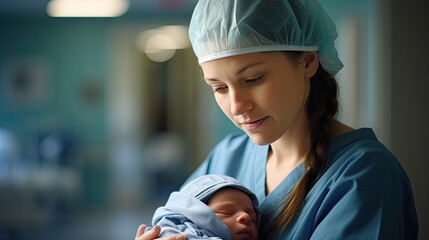 New Beginnings: Hospital Nurse Cradles a Newborn in Tender Embrace, a significant and emotional moment in a hospital setting where a nurse, draped in a gown, cradles a newborn with care and tenderness
