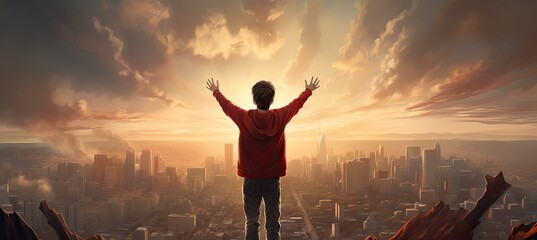 Embracing the Horizon: A Young Man's Open-Armed Gaze at the Urban Skyline, youthfulness, optimism, aspiration, and the anticipation of a bright future in the urban landscape.