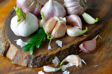 Garlic is a ripe, spicy product, a spice. It is essential in the preparation of many delicious dishes. On an old background in a composition with kitchen accessories.