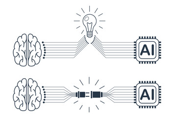 The human brain is connected to artificial intelligence. The concept of teamwork of the human brain and artificial intelligence, cooperation, search for ideas. Vector linear drawing isolated on white.