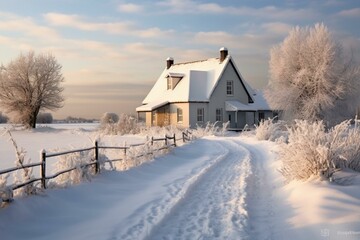 A charming country house with a snow-covered landscape. Generative AI