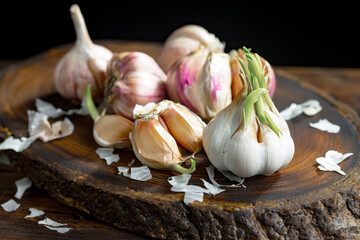 Garlic is a ripe, spicy product, a spice. It is essential in the preparation of many delicious dishes. On an old background in a composition with kitchen accessories.