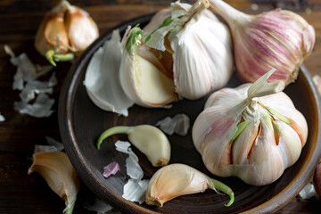 Garlic is a ripe, spicy product, a spice. It is essential in the preparation of many delicious dishes. On an old background in a composition with kitchen accessories.