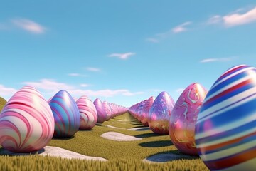 Colorful Easter eggs on grass, under clear blue sky. Pink eggs with floral, striped, triangular patterns. 3D render. Generative AI